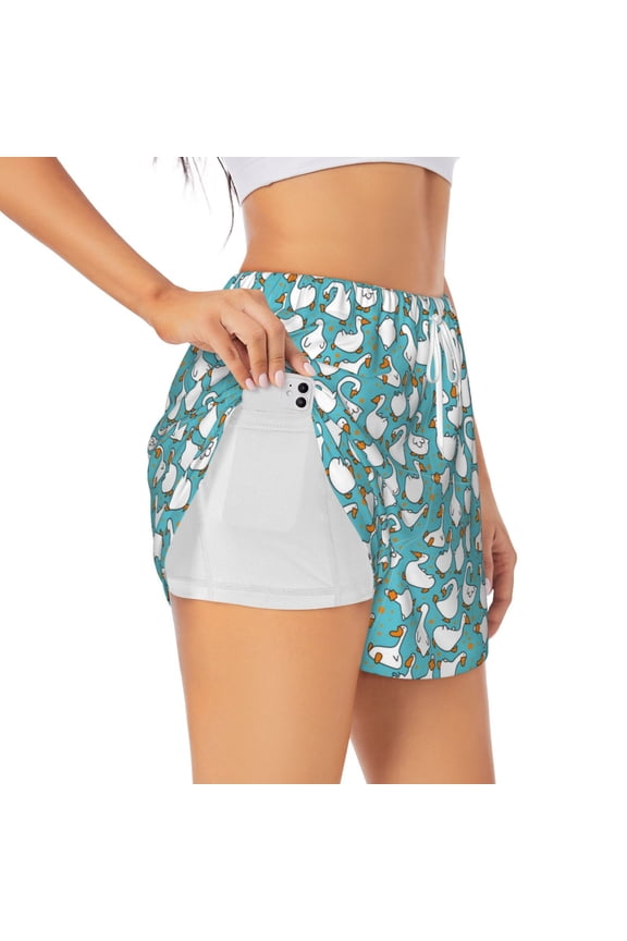 Cartoon Funny Goose Print Women's Sports Shorts with Drawstring Elastic Waistband for Running, Yoga, Fitness-X-Large