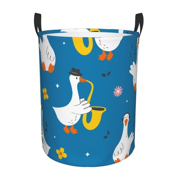 Gukieu Cartoon Goose Print Round Dirty Clothes Bag, Waterproof Standing Home Bathroom Storage Basket Car Trunk Storage Bag-Small