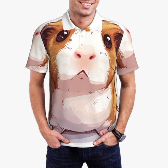 Gukieu Cartoon Guinea Pig Print Men's Quick-drying POLO Shirt, Button-down Summer T-shirt, Suitable for Work and Outdoor Activities-Large