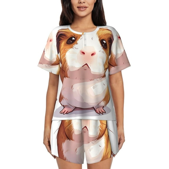 Gukieu Cartoon Guinea Pig Print Women's Short-sleeved Pajama Set, Round Neck Button Top Elastic Shorts 2-piece Set, Summer Home Leisure Clothing-XX-Large