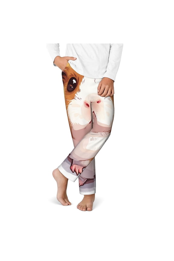 Cartoon Guinea Pig Print Youth Home Trousers, Elastic Waistband with Pockets for Home and Outing, Suitable for Children Aged 5-16-Medium