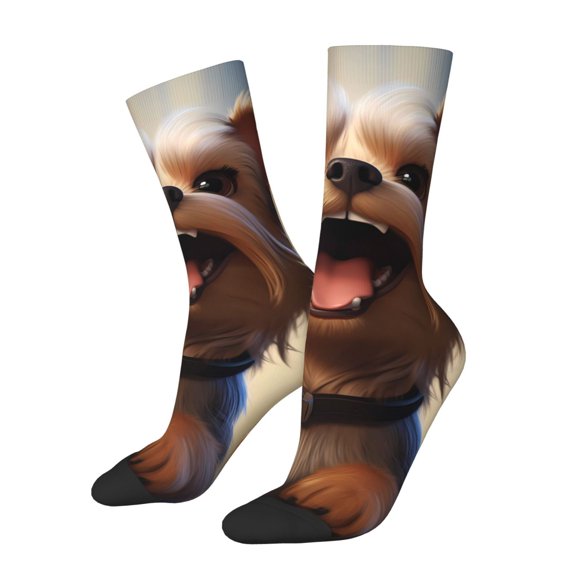 Gukieu Cartoon Happy Cute Puppy Print Contrast Color Mid-calf Socks, Sweat-wicking Athletic Socks, Unisex Clothing Accessories