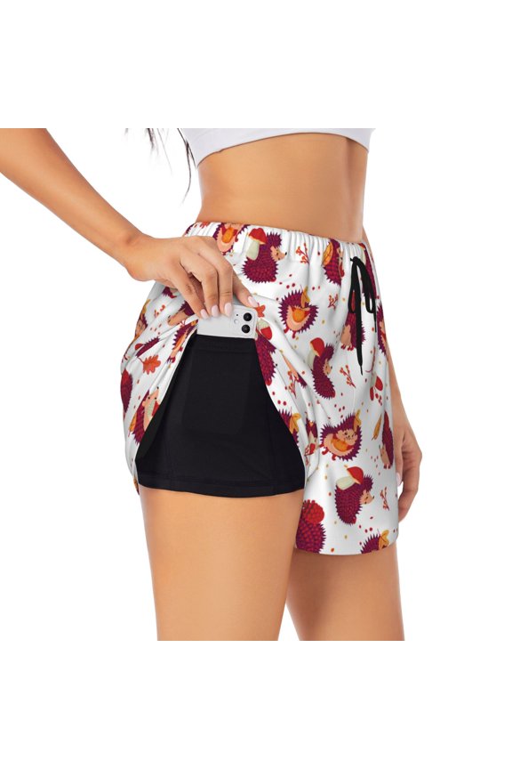 Cartoon Hedgehogs Print Women's Sports Shorts with Drawstring Elastic Waistband for Running, Yoga, Fitness-Medium