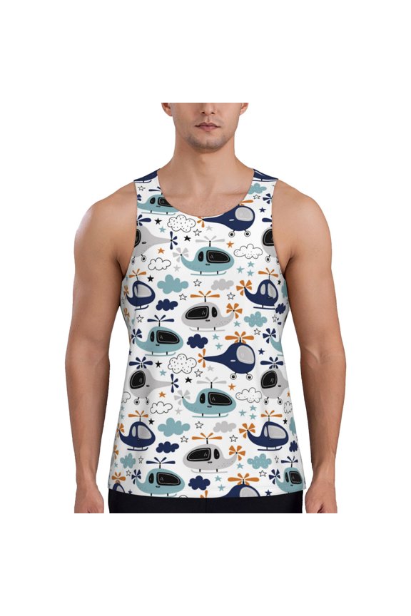 Cartoon Helicopters Print Men's Quick Dry Fitness Vest, Round Neck Sleeveless Fitness Bodybuilding Top-Small