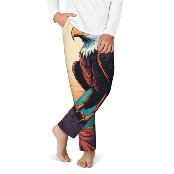 Gukieu Cartoon Iceberg Bald Eagle Print Youth Home Trousers, Elastic Waistband with Pockets for Home and Outing, Suitable for Children Aged 5-16-Medium