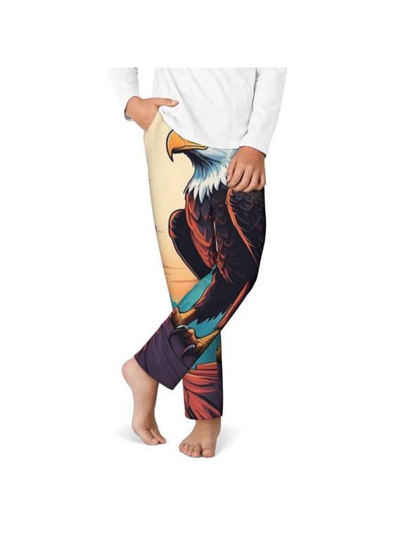 Cartoon Iceberg Bald Eagle Print Youth Home Trousers, Elastic Waistband with Pockets for Home and Outing, Suitable for Children Aged 5-16-Medium