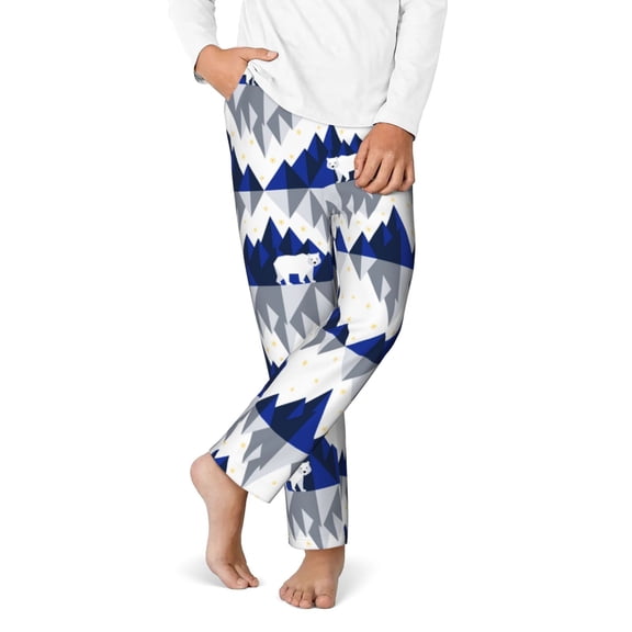 Gukieu Cartoon Iceberg Polar Bear Print Youth Home Trousers, Elastic Waistband with Pockets for Home and Outing, Suitable for Children Aged 5-16-Medium