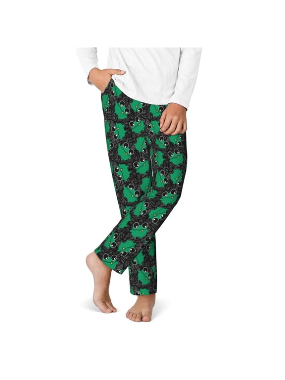 Cartoon Kawaii Frogs Print Youth Home Trousers, Elastic Waistband with Pockets for Home and Outing, Suitable for Children Aged 5-16-Medium
