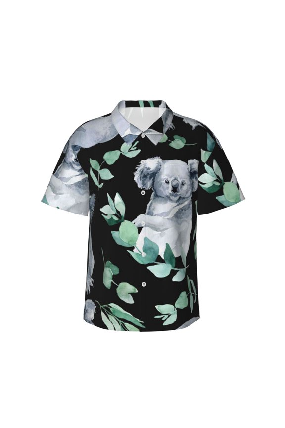 Cartoon Koala Bear Print Men's Short-sleeved Shirts, Button-down Lapel Hawaiian Shirts, T-shirts, Beach Vacation Summer Casual Wear,Medium