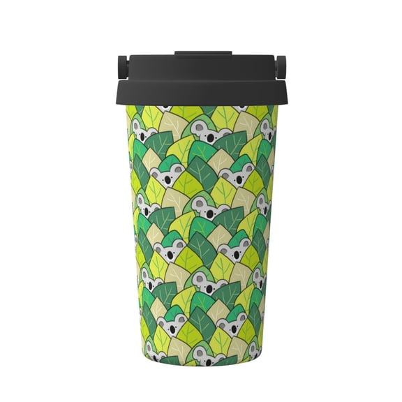 Gukieu Cartoon Koala Bear and Leaf Print Insulated Coffee Cup, Portable Stainless Steel Vacuum Cup with Lid, Unisex, Suitable for Office, Cafe, Car