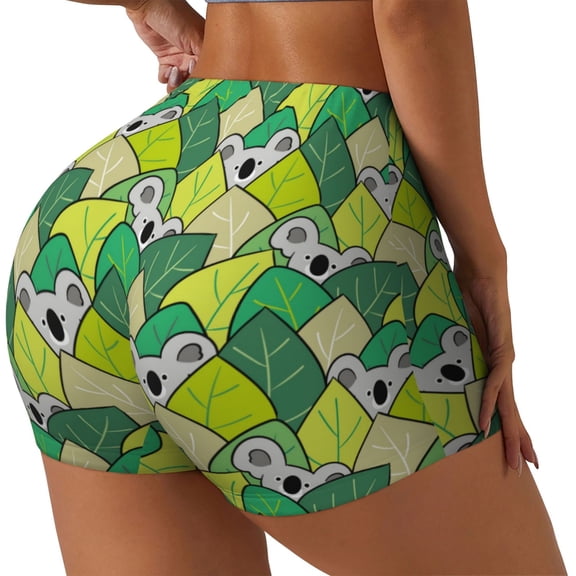 Gukieu Cartoon Koala Bear and Leaf Print Women's Sports Shorts, Elastic Waist High Stretch Running Yoga Gym Sweatpants-