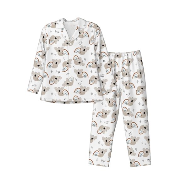 Gukieu Cartoon Koala Print Men's Long-sleeved Pajamas Set, Elastic Waist Pajamas Button-down Pajamas Two-piece Set, Suitable for Adult Male Home Wear-Large