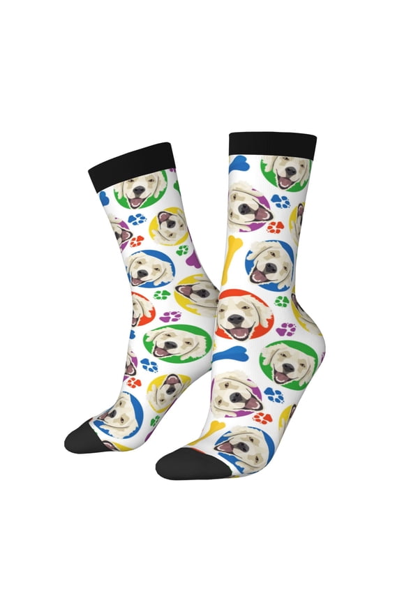 Cartoon Labrador Retriever Print Contrast Color Mid-calf Socks, Sweat-wicking Athletic Socks, Unisex Clothing Accessories