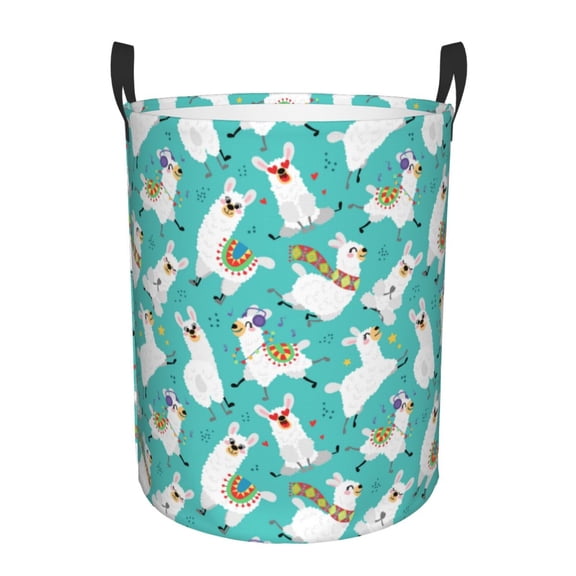 Gukieu Cartoon Llamas Print Round Dirty Clothes Bag, Waterproof Standing Home Bathroom Storage Basket Car Trunk Storage Bag-Small