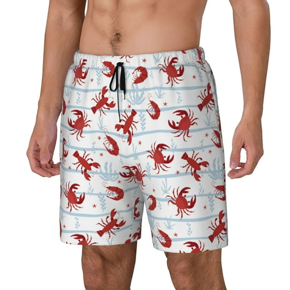 Gukieu Cartoon Lobsters Print Men's Double Layer Sports Swim Trunks, Quick Dry Adjustable Waist Swim Shorts Swimwear-XX-Large