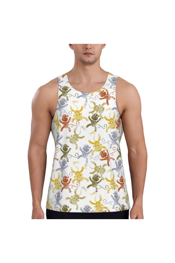 Cartoon Monkey Print Men's Quick Dry Fitness Vest, Round Neck Sleeveless Fitness Bodybuilding Top-Large