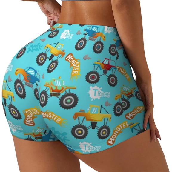 Gukieu Cartoon Monster Truck Print Women's Sports Shorts, Elastic Waist High Stretch Running Yoga Gym Sweatpants-X-Large