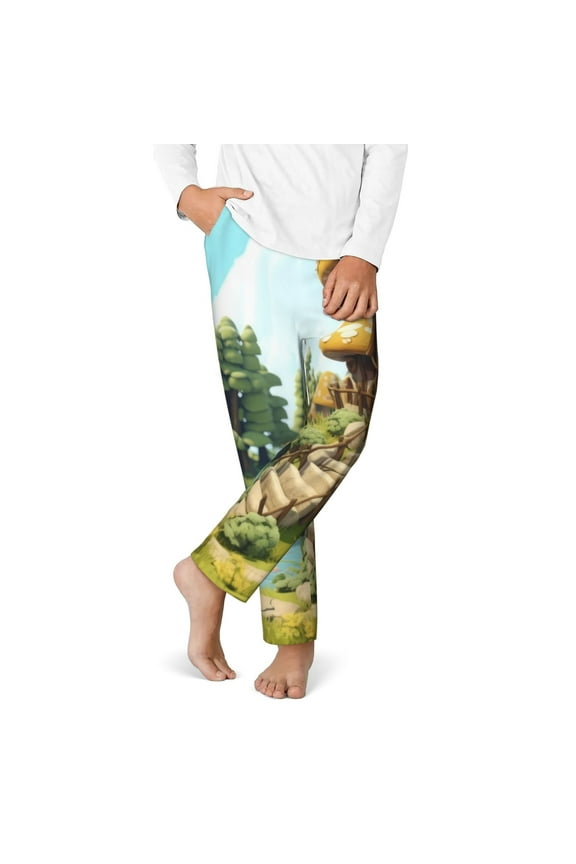 Cartoon Mushroom House Print Youth Home Trousers, Elastic Waistband with Pockets for Home and Outing, Suitable for Children Aged 5-16-Medium