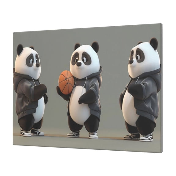 Gukieu Cartoon Pandas Basketball Print Horizontal Canvas Decorative Painting 12x16 Inch Shrinkage Resistant Frame Hanging Home Wall Art Decor