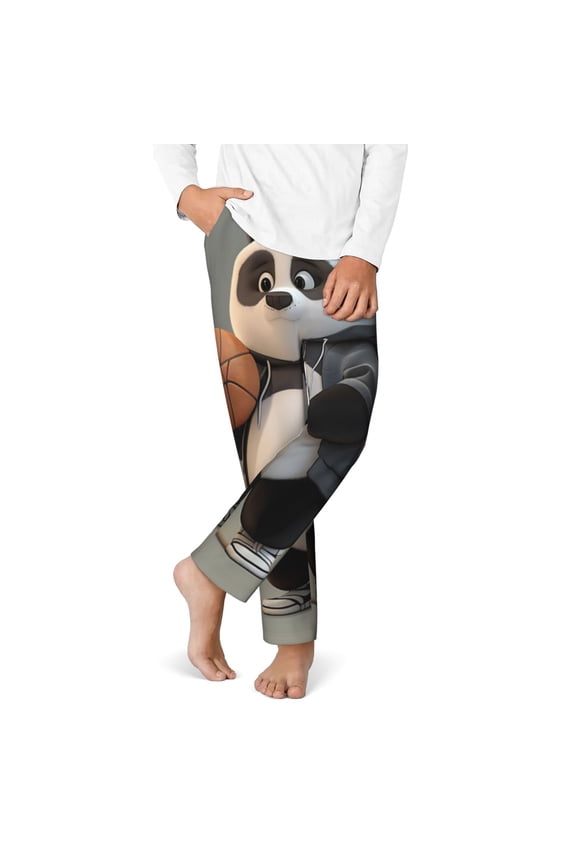 Cartoon Pandas Basketball Print Youth Home Trousers, Elastic Waistband with Pockets for Home and Outing, Suitable for Children Aged 5-16-XS(5-6)