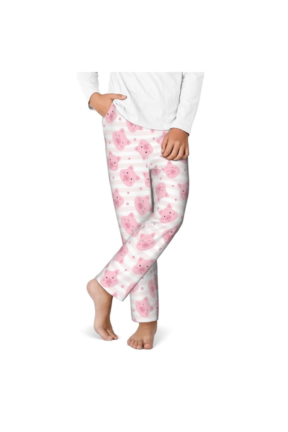 Cartoon Pig Print Youth Home Trousers, Elastic Waistband with Pockets for Home and Outing, Suitable for Children Aged 5-16-Medium