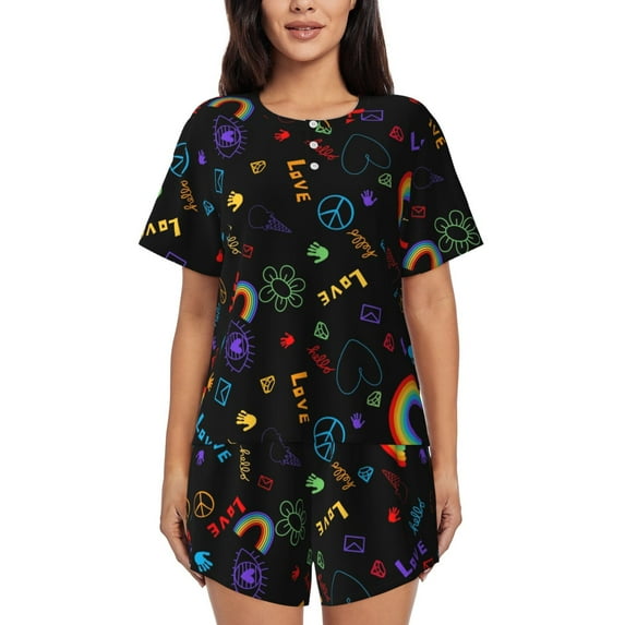 Gukieu Cartoon Pride Lgbt Print Women's Short-sleeved Pajama Set, Round Neck Button Top Elastic Shorts 2-piece Set, Summer Home Leisure Clothing-Large