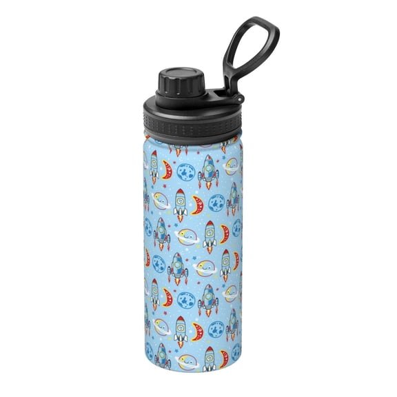 Gukieu Cartoon Rocket With Space Print 18OZ Portable Sports Water Bottle, Stainless Steel Insulated Water Cup for Men and Women, Suitable for Gym, Travel, Camping