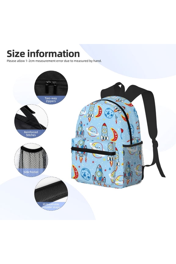 Cartoon Rocket With Space Print Backpack, Waterproof Backpack with Adjustable Shoulder Straps, Suitable for Campus, Business, Travel, Unisex
