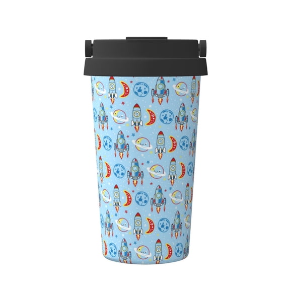Gukieu Cartoon Rocket With Space Print Insulated Coffee Cup, Portable Stainless Steel Vacuum Cup with Lid, Unisex, Suitable for Office, Cafe, Car