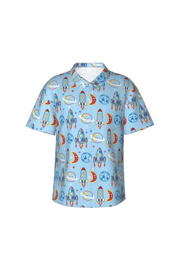 Cartoon Rocket With Space Print Men's Short-sleeved Shirts, Button-down Lapel Hawaiian Shirts, T-shirts, Beach Vacation Summer Casual Wear,Medium