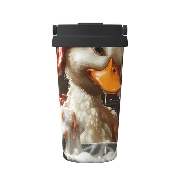 Gukieu Cartoon Scottish Duck Print Insulated Coffee Cup, Portable Stainless Steel Vacuum Cup with Lid, Unisex, Suitable for Office, Cafe, Car
