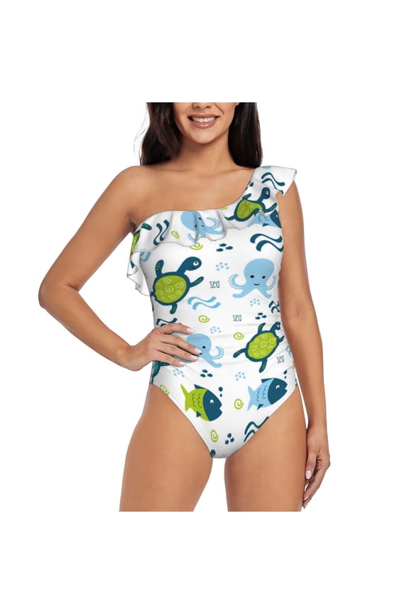 Cartoon Sea Creatures Print One-shoulder Ruffled One-piece Swimsuit with Removable Chest Pads and Tummy-control Swimsuit for Women-X-Large