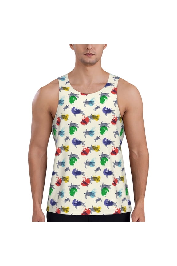 Cartoon Sea Turtle Print Men's Quick Dry Fitness Vest, Round Neck Sleeveless Fitness Bodybuilding Top-Small