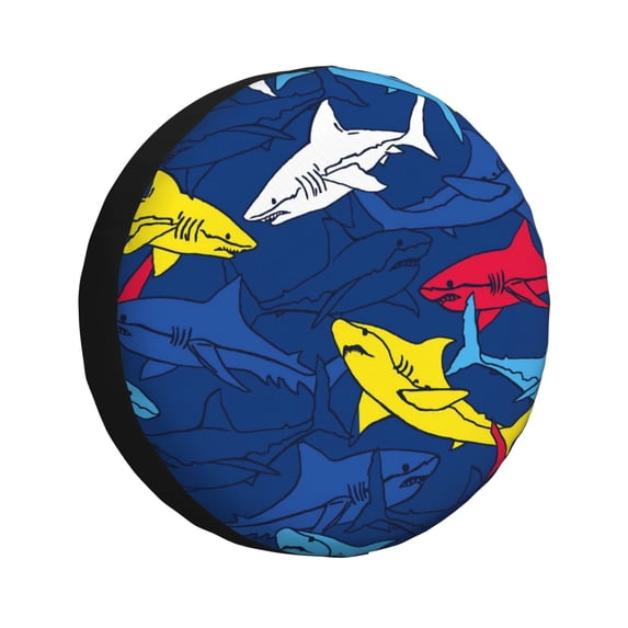 Gukieu Cartoon Shark Print Car Tire Cover, Adjustable Waterproof and Dustproof Tire Protection Cover, Suitable for SUV, Truck, Van-15 inch
