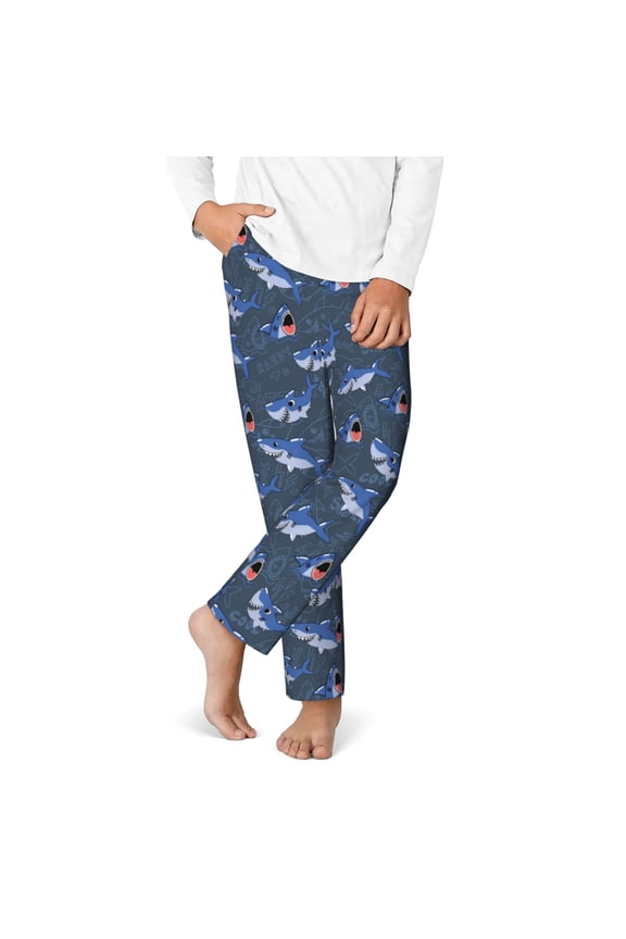 Cartoon Shark Print Youth Home Trousers, Elastic Waistband with Pockets for Home and Outing, Suitable for Children Aged 5-16-Medium