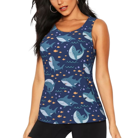 Gukieu Cartoon Sharks2 Print Women's Quick-drying Fitness Vest, Round Neck Sleeveless Fitness T-shirt, Suitable for Yoga, Sports-Large