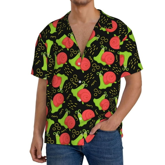 Gukieu Cartoon Snail Print Men's Short-sleeved Shirts, Button-down Pocket Shirts, T-shirts, Beach Vacation Travel Summer Clothing-Large