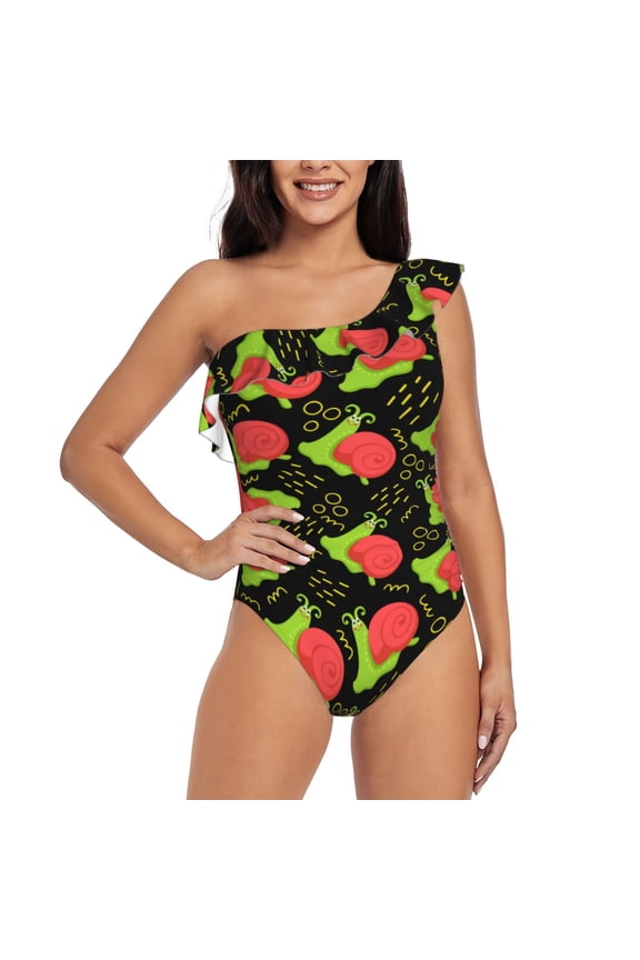 Cartoon Snail Print One-shoulder Ruffled One-piece Swimsuit with Removable Chest Pads and Tummy-control Swimsuit for Women-Small