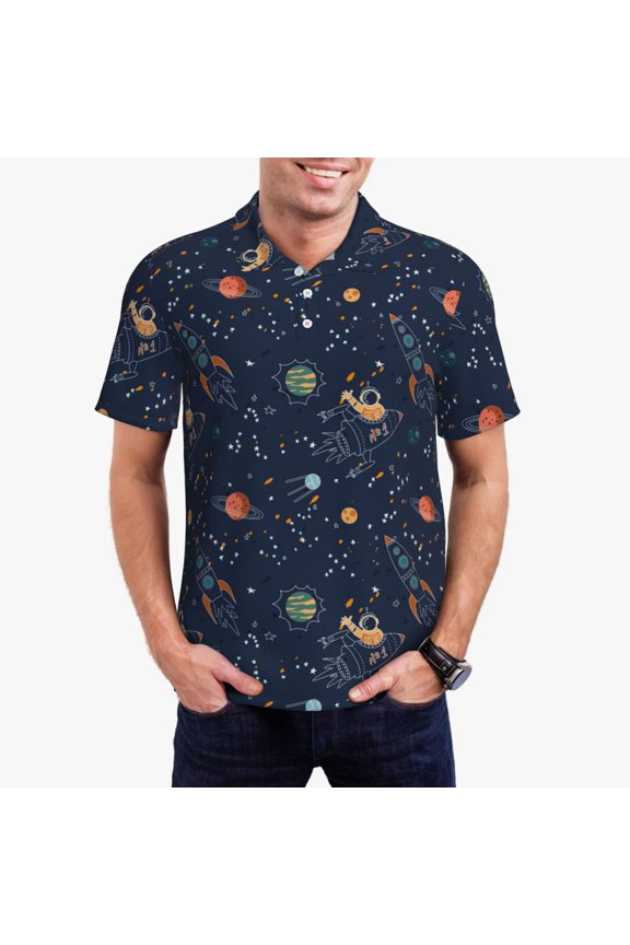 Cartoon Space Planets Print Men's Quick-drying POLO Shirt, Button-down Summer T-shirt, Suitable for Work and Outdoor Activities-Small