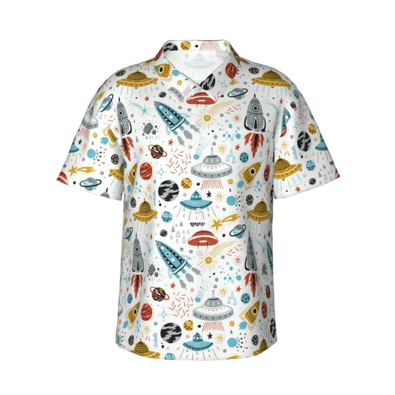 Gukieu Cartoon Space Print Men's Short-sleeved Shirts, Button-down Lapel Hawaiian Shirts, T-shirts, Beach Vacation Summer Casual Wear,3X-Large