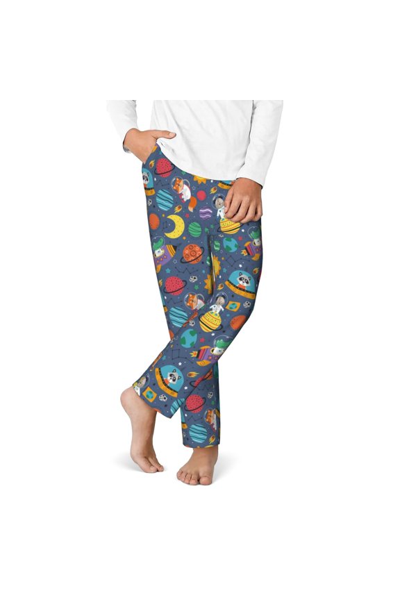 Cartoon Space Print Youth Home Trousers, Elastic Waistband with Pockets for Home and Outing, Suitable for Children Aged 5-16-XS(5-6)