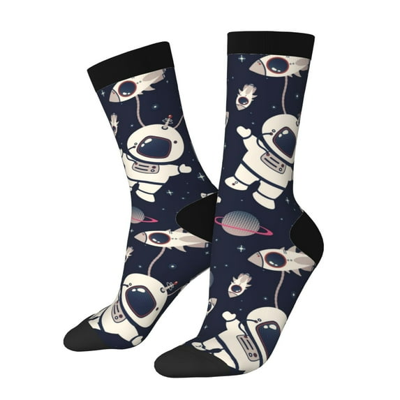 Gukieu Cartoon Spaceship Print Contrast Color Mid-calf Socks, Sweat-wicking Athletic Socks, Unisex Clothing Accessories