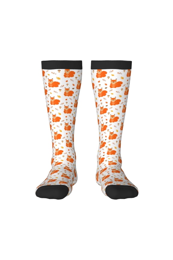 Cartoon Squirrel Print Contrast Color Stockings, Elastic Sports Socks Warm Socks Clothing Accessories, Adult Unisex