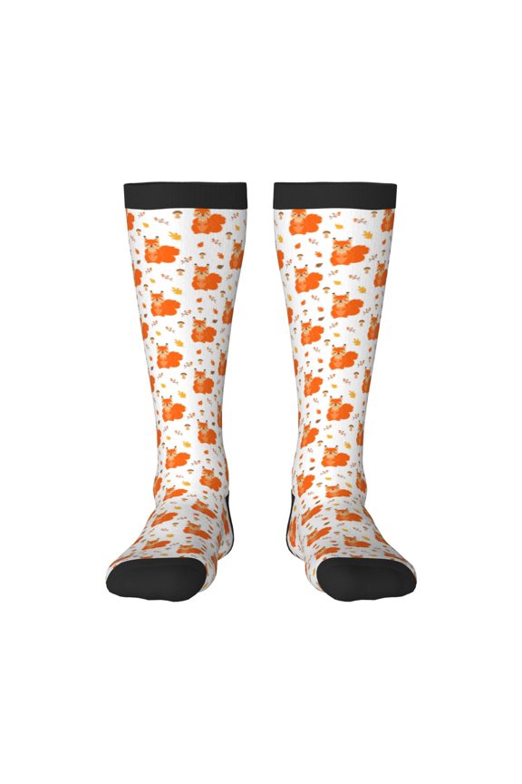 Cartoon Squirrel Print Contrast Color Stockings, Elastic Sports Socks Warm Socks Clothing Accessories, Adult Unisex