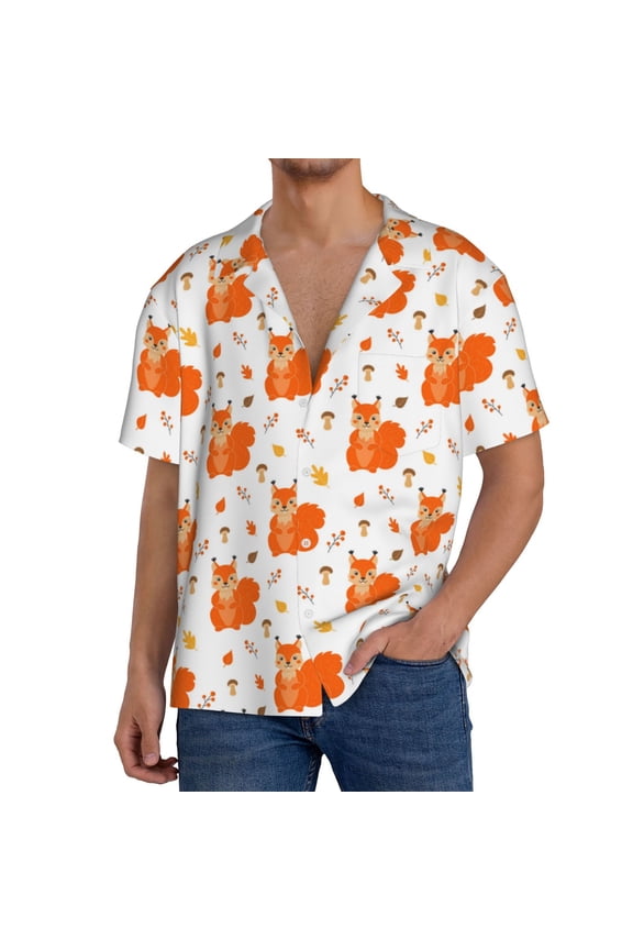 Cartoon Squirrel Print Men's Short-sleeved Shirts, Button-down Pocket Shirts, T-shirts, Beach Vacation Travel Summer Clothing-Large