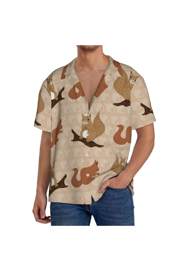 Cartoon Squirrel Print Men's Short-sleeved Shirts, Button-down Pocket Shirts, T-shirts, Beach Vacation Travel Summer Clothing-Large