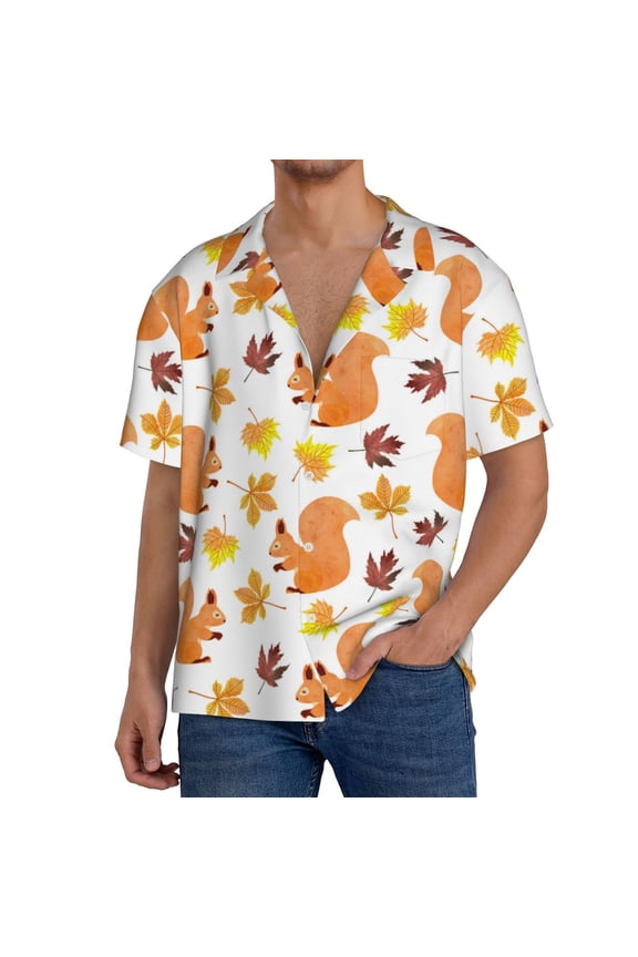 Cartoon Squirrel Print Men's Short-sleeved Shirts, Button-down Pocket Shirts, T-shirts, Beach Vacation Travel Summer Clothing-Large