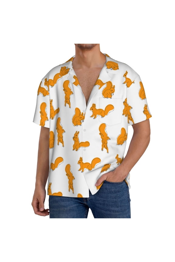 Cartoon Squirrel Print Men's Short-sleeved Shirts, Button-down Pocket Shirts, T-shirts, Beach Vacation Travel Summer Clothing-Small