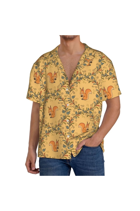Cartoon Squirrel Print Men's Short-sleeved Shirts, Button-down Pocket Shirts, T-shirts, Beach Vacation Travel Summer Clothing-Small