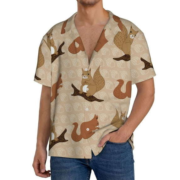 Gukieu Cartoon Squirrel Print Men's Short-sleeved Shirts, Button-down Pocket Shirts, T-shirts, Beach Vacation Travel Summer Clothing-X-Large